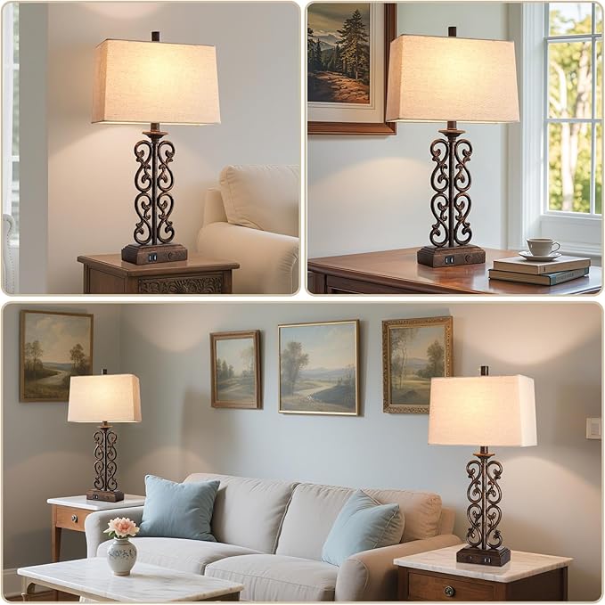 25" Farmhouse Touch Table Lamps for Living Room, 3 Way Dimmable Dual USB Ports, Vintage Rustic Bedside Table Lamp for Bedroom Bedside End Table, LED Bulbs Included