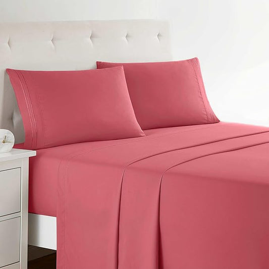 Clara Clark Bed Sheets, Premier 1800 Series 4 Piece Bed Sheet Set, Deep Pocket, Wrinkle, Fade, Stain Resistant, Luxury Soft Bedding Sheets & Pillowcases, Queen, Coral Pink
