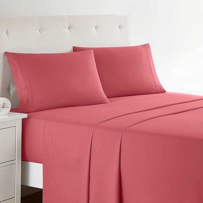 Clara Clark Bed Sheets, Premier 1800 Series 4 Piece Bed Sheet Set, Deep Pocket, Wrinkle, Fade, Stain Resistant, Luxury Soft Bedding Sheets & Pillowcases, California King, Coral Pink