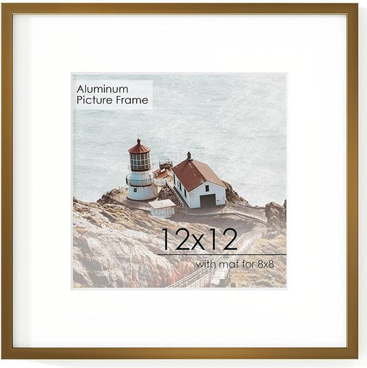 12x12 Frame - Metal Square Picture Frame With Tempered Glass 12x12 Frame With Mat For 8x8 Minimalist Modern Poster Frame Home Wall Decor Hanging Hardware Included, Bronze