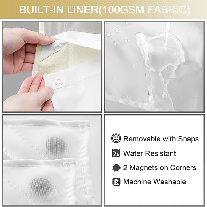 YellyHommy No Hook Shower Curtain with Snap in Liner Set Less Time Cream Waffle Shower Curtain for Bathroom 75" L x 72" W