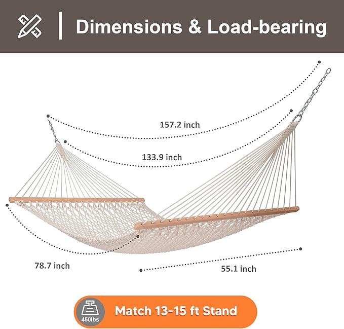 SUNCREAT Hammocks Traditional Rope Double Hammock with Hardwood Spreader Bar and Carrying Bag, 450 lbs Capacity, Natural