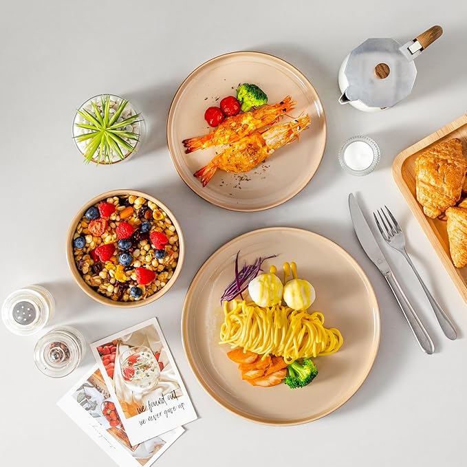 vancasso ONION Ceramic Plates and Bowls Sets, 12 Pieces Brown Dinnerware Sets for Kitchen, Reactive Glaze Dishes Set for 4, Dishwasher and Microwave Safe