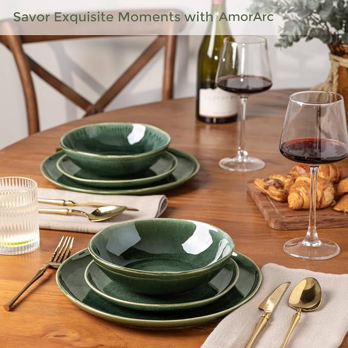 AmorArc Ceramic Dinnerware Sets,Handmade Reactive Glaze Stoneware Plates and Bowls Set,Highly Chip and Crack Resistant | Dishwasher & Microwave Safe Dishes Set,Service for 4 (12pc)