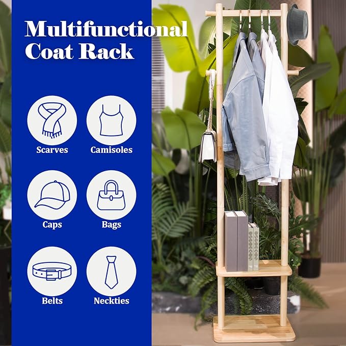 Wooden Coat Rack Freestanding,Hall Tree with Sturdy Base,Clothing Rack for Hanging Clothes,Small Clothes Rack with 3 Storage Shelves,Space Saving for Entryway, Hallway, Bedroom (Natural)