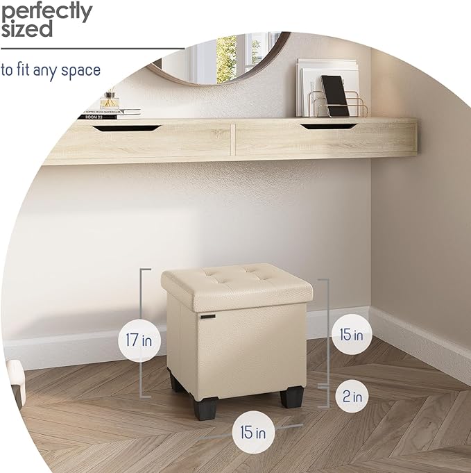 STORAGEBUD Storage Ottoman Cube with Small Bin, 16-in Square Ottoman with Storage for Living Room and Bedroom, Small Ottomans Foot Rest, Faux Leather Foot Stools Ottomans Max 330lbs, Beige