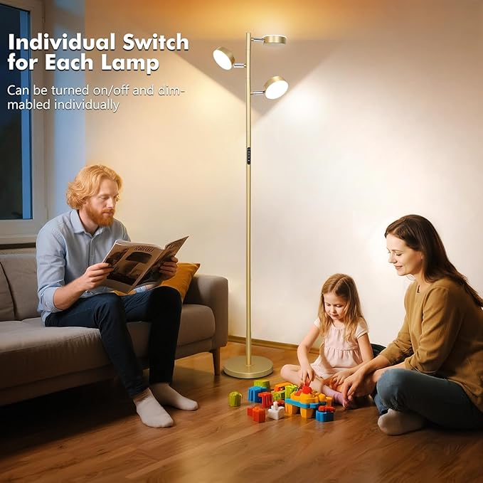 Tree Floor Lamp for Living Room - Modern Glod Standing Lamp, LED Floor Light with Remote & Touch, 3000K-6000K Dimmable for Bedroom Office Reading (3 Head)