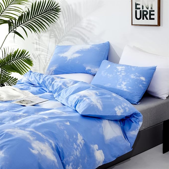 CLOTHKNOW Blue Sky Queen Size Comforter Set White Cloud Bedding Comforter Sets Blue Queen Comforter Soft Blue Comforter with 2 x Pillow Cases