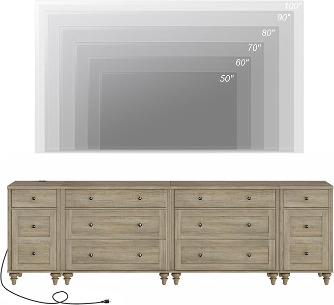 WAMPAT 100 inch TV Stand with 8 Drawers, TV Cabinet Entertainment Center for 75/80/85/90 Inch TV, Kids Dresser with 3 Drawers for Bedroom, Nightstands with Charging Station for Living Room, Wash Grey