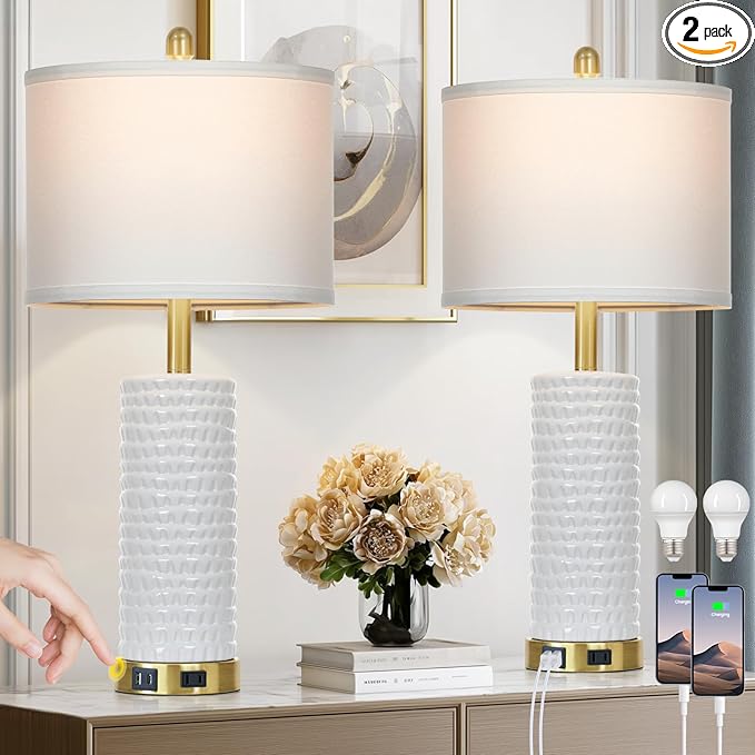 26" White Table Lamps for Living Room Set of 2, Ceramic Bedroom Lamps for Nightstands, Modern Bedside Lamps for Bedroom Living Room, Nightstand Lamps for End Table, Hallway, Gold and White