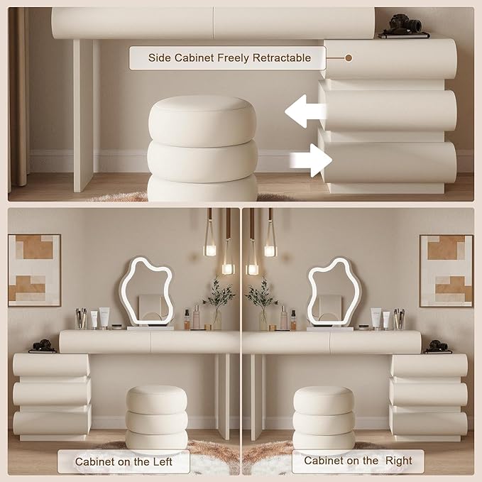 Makeup Vanity Desk with Lighted Mirror and Stool, Faux Leather Upholstered Finish, Modern Dressing Table with 5 Drawers for Bedroom and Makeup Room, Easy Assembly, White