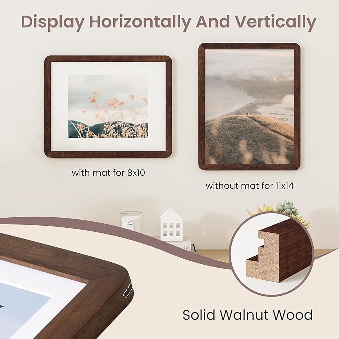 11x14 Picture Frame - Solid Walnut Wood Frame With Mat For 8x10, 11x14 Poster Frame, Plexiglas and Hanging Hardware Included, 11 By 14 Picture Frame Wood, Natural Walnut