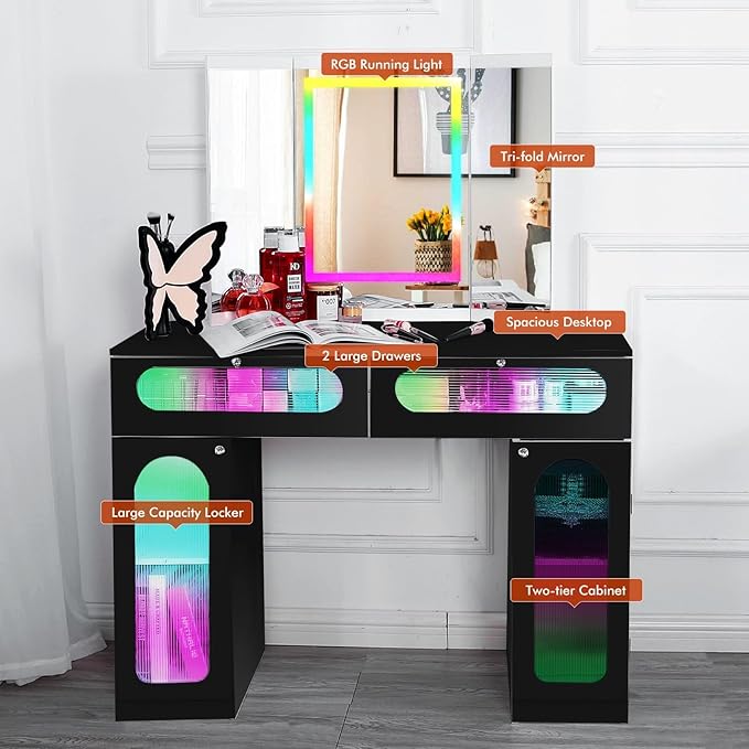 Vanity Desk with Tri-Fold Mirror and Lights, LED Makeup Vanity with 2 Drawers, 2 Doors Storage, Gifts for Girls/Women (Black)