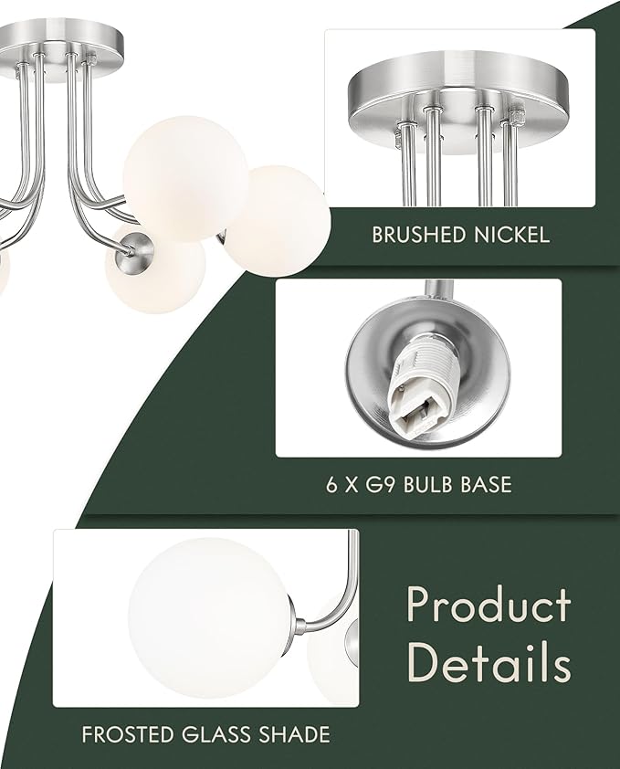 Brushed Nickel Ceiling Light in Modern Farmhouse Design Features 6 Frosted Glass Shades, Ideal for The Living Room, Bedroom, or Dining Room. Model: CKCL4845-6W-BN