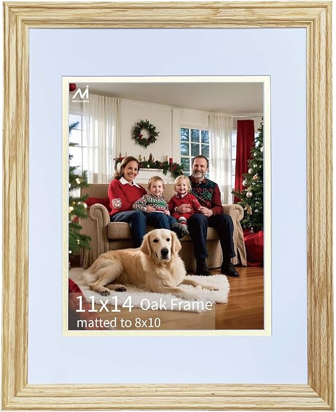 11x14 Picture Frame Matted to 8x10, 8*10 Picture Frame with Mat ,11*14 Solid Oak Wood Picture Frames Vertical & Horizontal Wall Hanging Display，11 by 14 Premium Photo Frame with Real HD Tempered Glass , Oak Color, 1 Pack