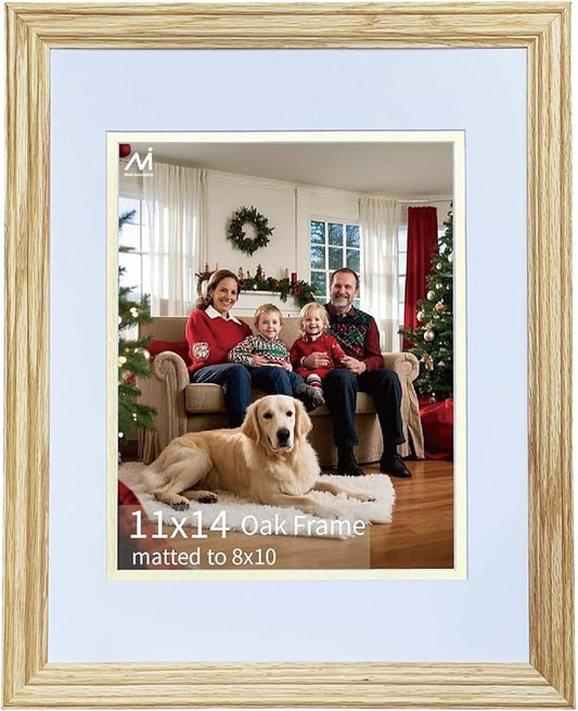 11x14 Picture Frame Matted to 8x10, 8*10 Picture Frame with Mat ,11*14 Solid Oak Wood Picture Frames Vertical & Horizontal Wall Hanging Display，11 by 14 Premium Photo Frame with Real HD Tempered Glass , Oak Color, 1 Pack