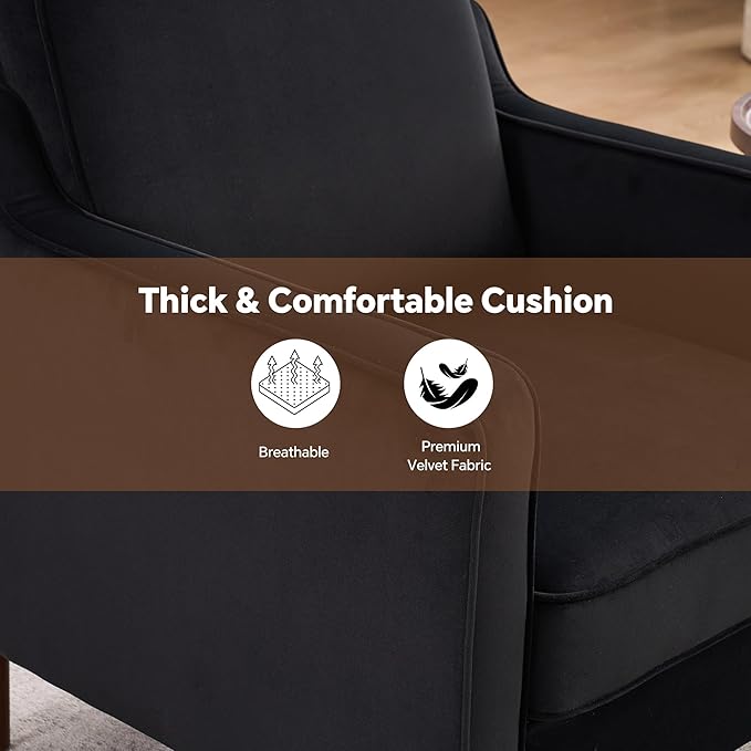 Mid Century Modern Accent Chair, Upholstered Reading Armchair for Living Room, Velvet Comfy Sofa Chair with Wood Legs for Bedroom, Office, Waiting Room, Black