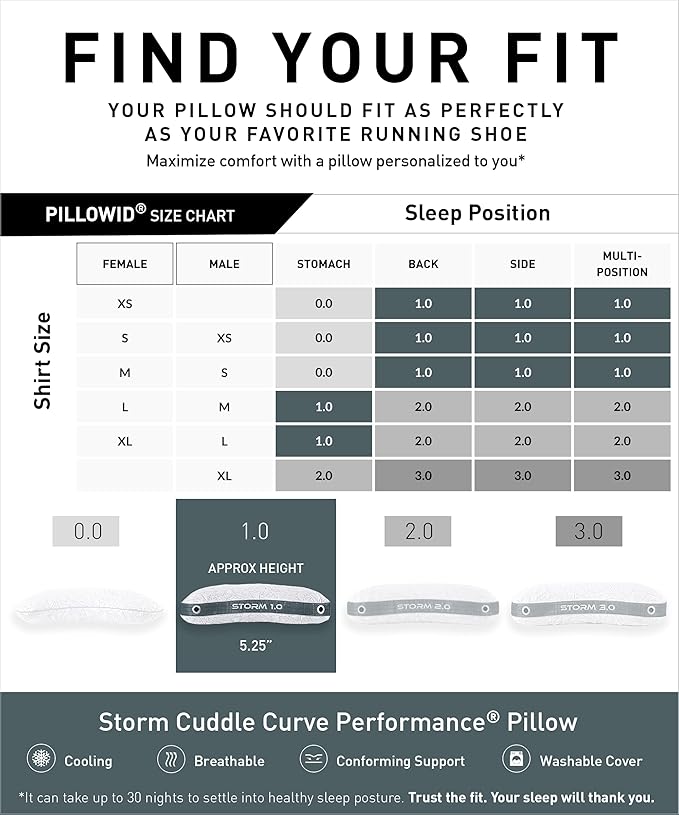 Bedgear Storm Cuddle Curve Performance Pillow - Size 1.0 - Cooling Bed Pillow for Side Sleepers - Medium Firmness- Washable and Removable Cover - 20" W x 26" L