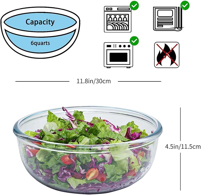 Mixing Bowls - 6 Quarts Glass Mixing Bowls - Salad Bowl With Serving Utensils - Microwave And Freezer Safe Bowls For Kitchen