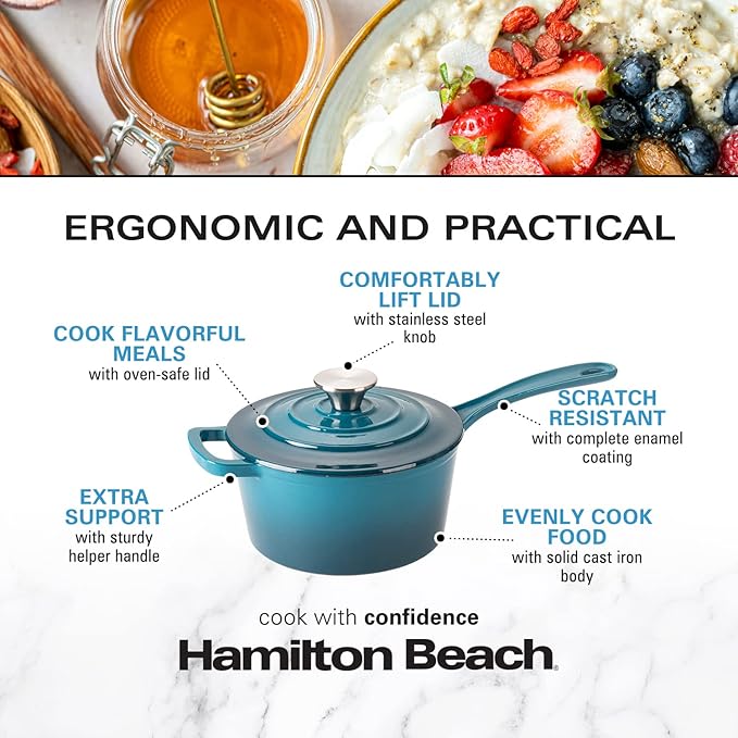 Hamilton Beach Enameled Cast Iron Sauce Pan 2-Quart Navy, Cream Enamel coating, Pot For Stove top and Oven Cooking, Even Heat Distribution, Safe Up to 400 Degrees, Durable