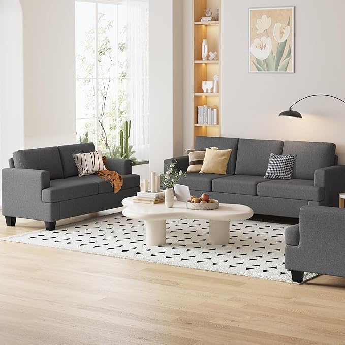 Furnimart Modern 3 Seater Couch and Loveseat Sets, Couches Set of 2 for Living Room, Deep Seat Sectional Sofa and Love Seat Set, Dark Grey