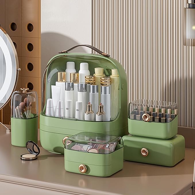 Ergocar Make Up Case Dustproof Cosmetics Skin Care Products Cosmetic Storage Box, Multi-Function Jewelry Organizer Case - Green + Drawer