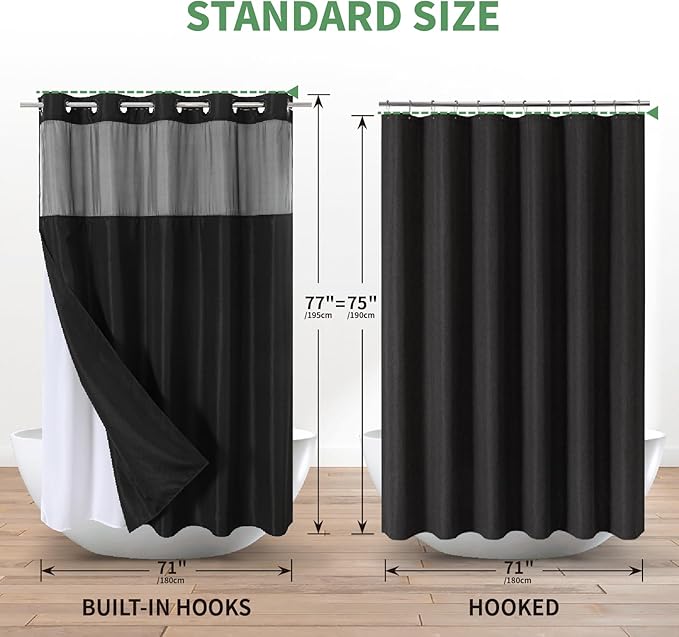 Black No Hook Shower Curtain with Snap-in Fabric Liner Set,Slub Textured Fabric Shower Curtains for Bathroom,Hotel Style Modern Shower Curtain,Water Repellent & Washable,71x77(75)