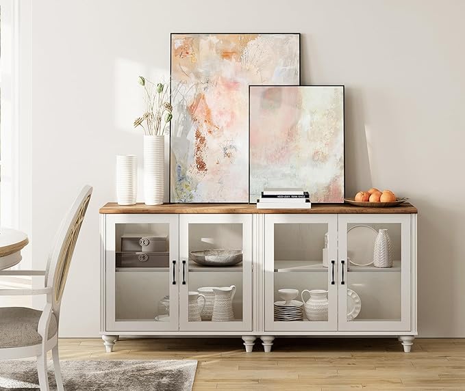 WAMPAT Farmhouse TV Stand for 75 inch TV with 4 Glass Doors, Wood TV Stand with 4 Storage Cabinets, White Entertainment Center TV Console Table for Living Room, Bedroom