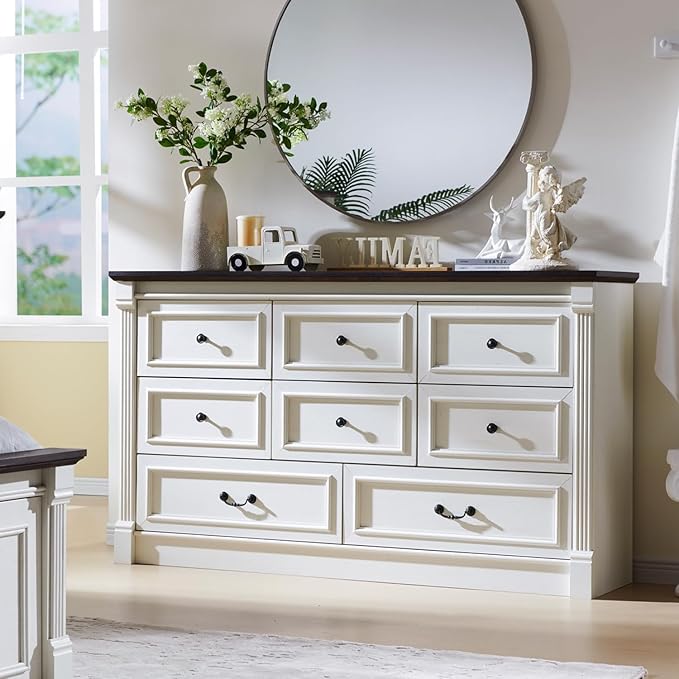Farmhouse 8 Drawers Dresser for Bedroom, 61" Wide Large Dressers & Chests of Drawers w/Roman Column, Storage Dressers Organizer for Bedroom, Hallway, Living Room, White