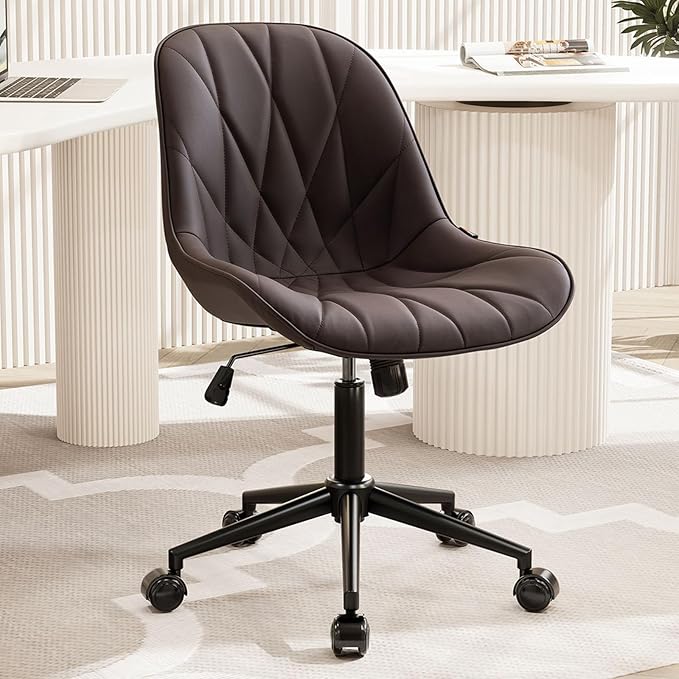 Rowill Modern Office Chair - Ergonomic Swivel Leather Desk Chair with Curved Backrest, Height Adjustable Rolling with Wheels, Perfect for Study Room & Office, Brown