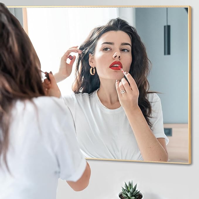 36x48 Inch Gold Bathroom Mirror, Copper-Free Aluminum Alloy Frame Vanity Mirror, Rectangle Wall Mounted Modern Mirror for Bedroom/Living Room/Porch Horizontal or Vertical