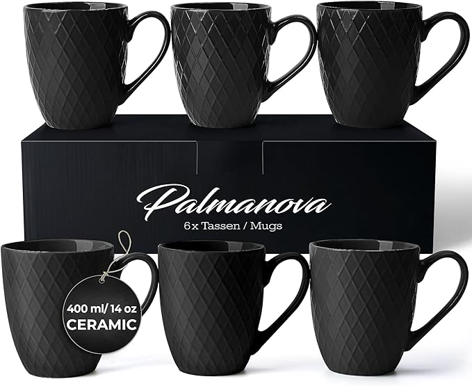 MIAMIO - Coffee Mugs set of 6 / Coffee Cups - 6 x 14 Oz Ceramic Mugs - Large Coffee Mugs - Microwave & Dishwasher safe - Palmanova Collection (Black)