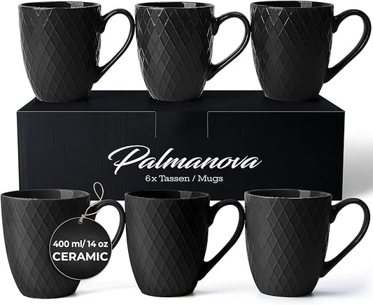 MIAMIO - Coffee Mugs set of 6 / Coffee Cups - 6 x 14 Oz Ceramic Mugs - Large Coffee Mugs - Microwave & Dishwasher safe - Palmanova Collection (Black)