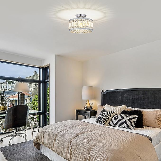 Crystal Chrome Ceiling Light, Modern Semi Flush Mount Ceiling Lighting Fixture, Round Hallway Lighting Fixtures for Entryway Kitchen Bedroom Laundry Room, 1-Light, 11.4 Inch