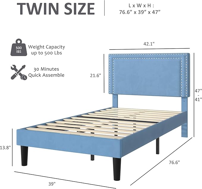 VECELO Twin Size Platform Bed Frame with Adjustable Upholstered Headboard, Strong Wood Slat Support, No Box Spring Needed, Easy Assembly