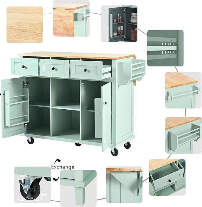 Kitchen Island Cart with Drop-Leaf Cabinet Door Internal Storage Rack 5 Wheels 3 Drawers for Kitchen, Dining Room, Bathroom 53.1" W*29.5" D*37.2" H Mint Green