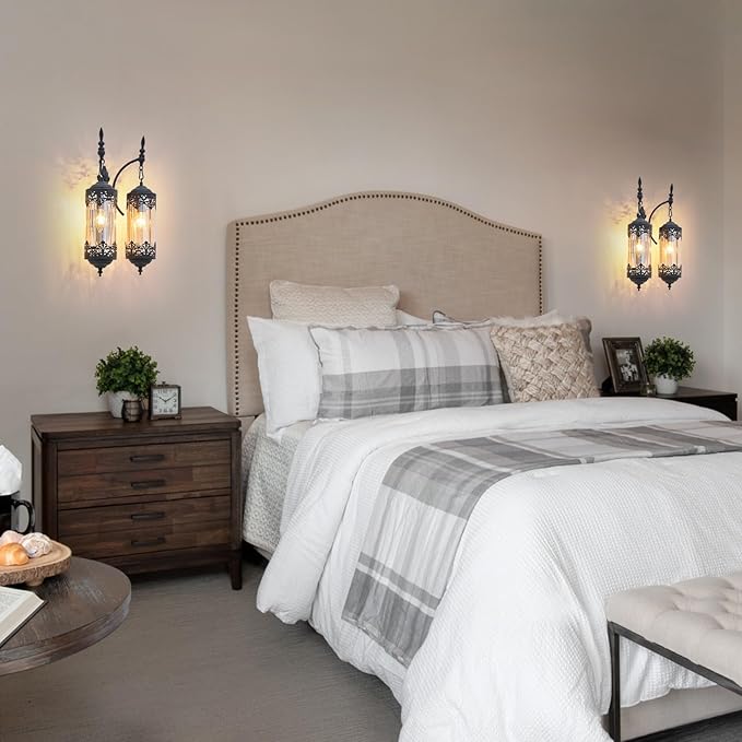 Rustic Wall Sconce with Amber Glass Vintage 2-Lights Antique Gothic Wall Light Fixture Retro Farmhouse Mid Centry Lantern Wall Sconce for Bedroom, Living Room, Mirror, Black, E12