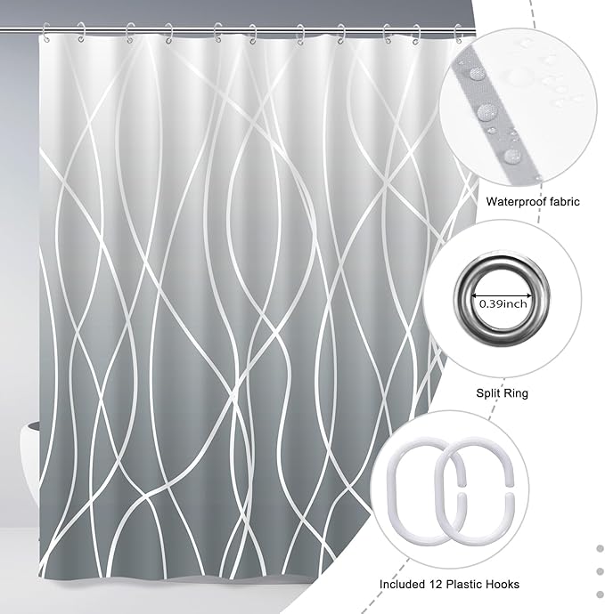 Punkray Ombre Grey Shower Curtain for Bathroom with Hooks, White Shower Curtain Set, Stripe Bath Curtains Decorative Shower Curtains Water Repellent Washable, 72 x 72