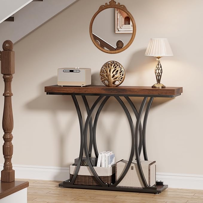 JUSTOGO 41.3" Industrial Entryway Table, Narrow Wood Sofa Console Table with Geometric Metal Legs and Ellipse Base, Living Room Furniture for Foyer, Hallway, Entrance, Rustic Brown