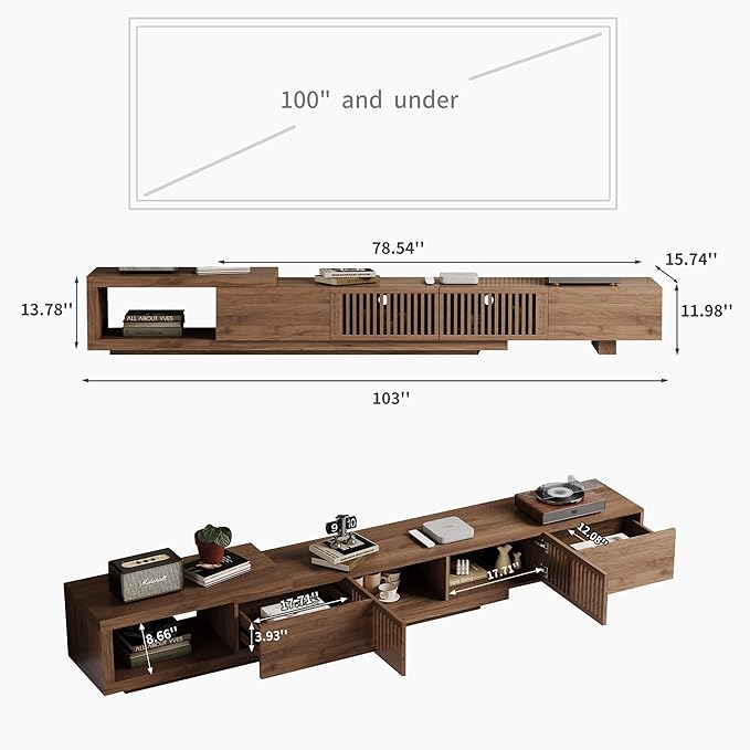 Modern Walnut TV Console for 75+ Inch Screen – Extendable Wood Media Unit (78"-103") with Grille Doors and Drawers, Great for Living Rooms & Bedrooms
