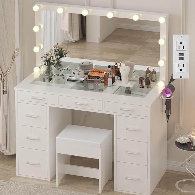 Likein Vanity Desk Set with Mirror and Lights & Power Strip, 47" Glasstop Vanity Makeup Desk with 9 Drawers for Girls, Lights Adjustable Large Hollywood Mirror Dressing Table with Chair for Bedroom