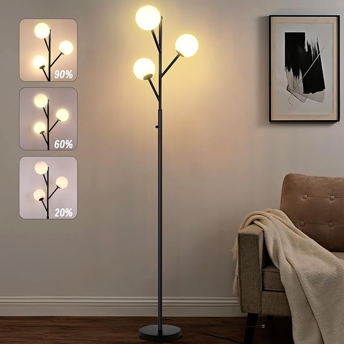 3-Globe Mid Century Modern Floor Lamp and Bulbs Included,70inch Tall Black Stand Lamp with Frosted Glass Shade for Living Room Office Bedroom, Study Room, Hotel, Dimmer Lighting (dimmer-Black)