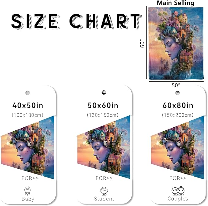 Surreal Village Blanket, Cozy Flannel Woman’s Face Merged with Houses Throw Blanket for Couch Outdoor, Plush Soft Lightweight Travel Blankets for Bed Decor & Gifts, for Women Adults 60"x80"