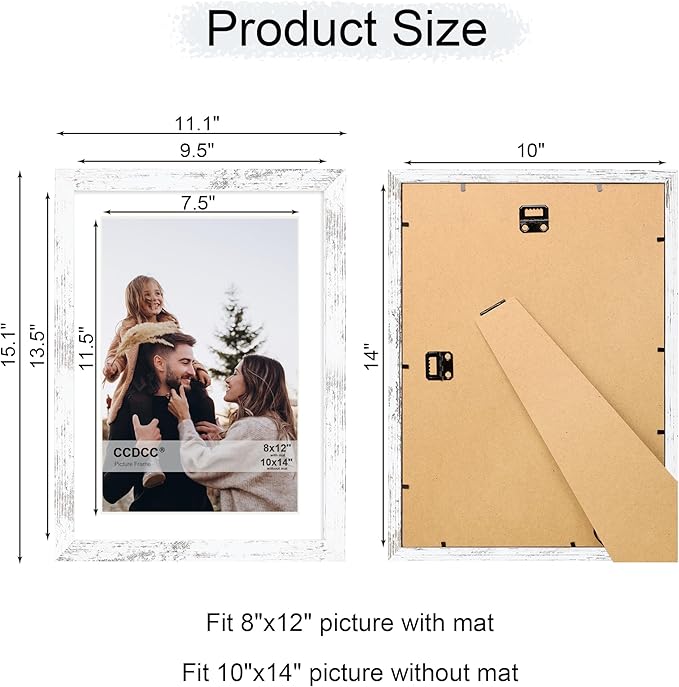 10x14 Picture Frame Set of 4, 10 x 14 Wood Photo Frames with Mat for 8x12 or 30x40cm Diamond Painting Art, Wooden Frame with Real Glass Cover for Wall and Tabletop Display,Distressed White