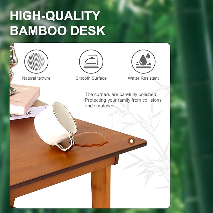 Nnewvante Desk, Bamboo Table with 2 Drawers, Simple Modern Furniture for Home, Office, Computer, Writing, Study, Makeup & Workstation (46''-Brown)