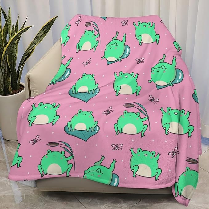 Cute Green Frogs on Pink Throw Blanket, Flannel Fleece Bed Blanket, Soft Cozy Fuzzy Plush Blankets for Couch Sofa Office Traveling Kids Bedroom Adults Living Room All Season, 80"x60"