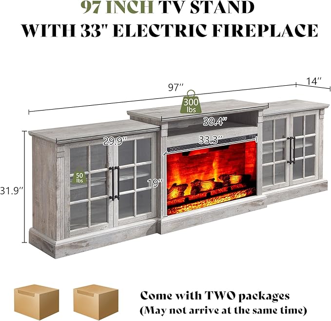 AMERLIFE 97" Farmhouse Fireplace TV Stand, Entertainment Center with Large Storage Space and Adjustable Shelf, Media Console for Living Room, Light Grey
