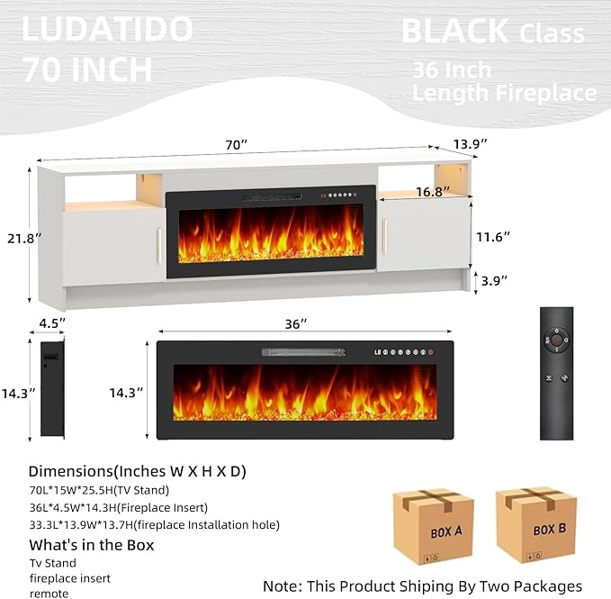 Ludatido 70 Inch TV Stand with 36 inch Electric Fireplace 27 LED Light Entertainment Center for TVs Up to 80" Black Modern Wood Media TV Console with Highlight Cabinet for Living Room White