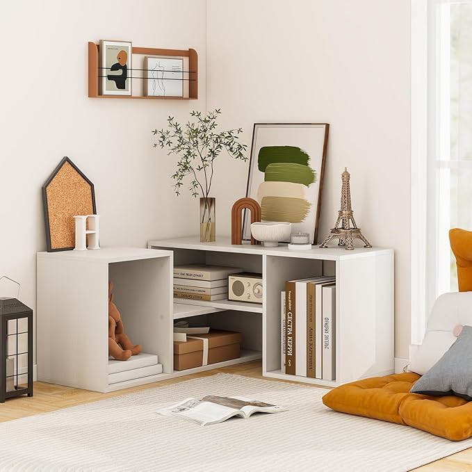 Tangkula 2 Pieces L-Shaped TV Stand, Free-Combination Entertainment Center for TVs up to 55 Inch, Modern TV Media Console Table with 4 Open Cubes, DIY Bookcase Shelf for Living Room (White, 2 pcs)