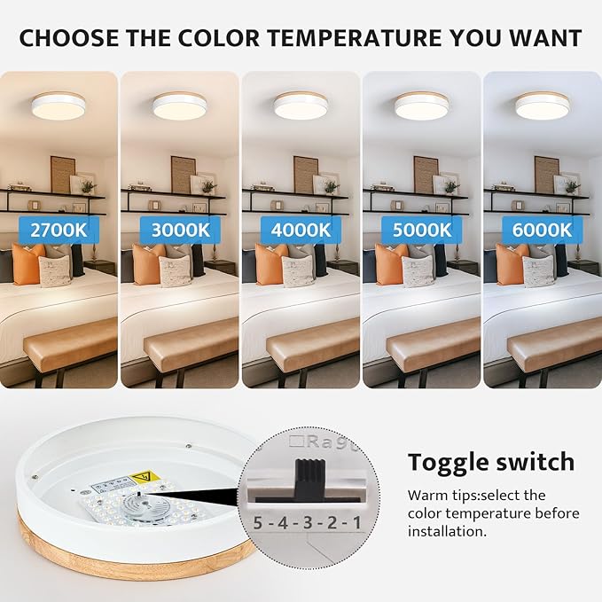 Modern Dimmable LED Close to Ceiling Light Minimalist Wood Oak Flush Mount Ceiling Light Fixture with Lampshade for Bedroom Living Room Bathroom Laundry Room (White-Dimmable, 11.8''/30cm)